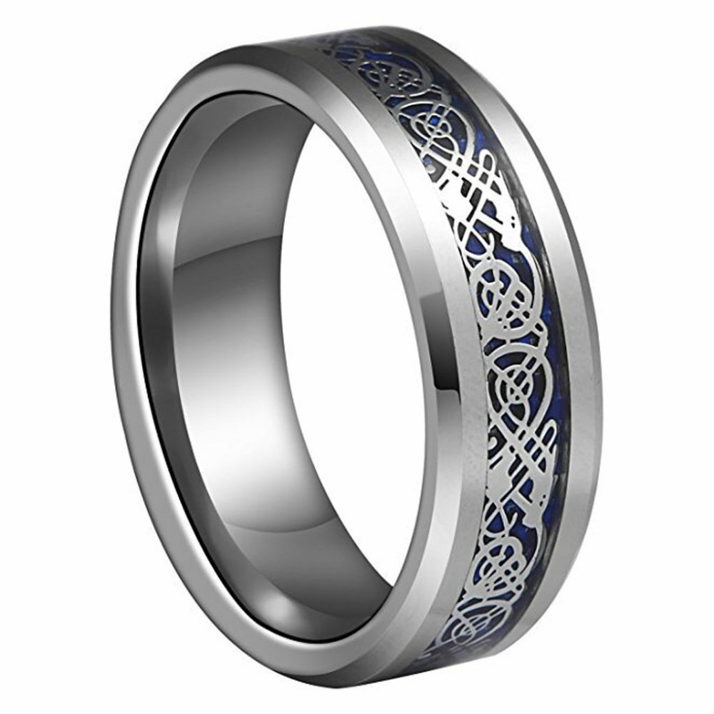 Mens Tungsten Wedding Band 8mm. Celtic Knot Wedding Band Silver Resin Inlay Blue